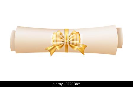 Bildlaufsymbol für 3D-Diplom. Diplom mit goldener Schleife. Stock Vektor