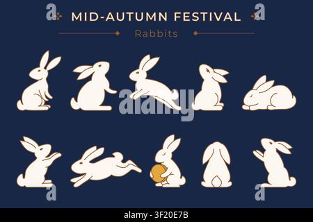 Satz einfacher Kaninchenfiguren in verschiedenen Posen für das Design des Mittherbstfestes Stock Vektor