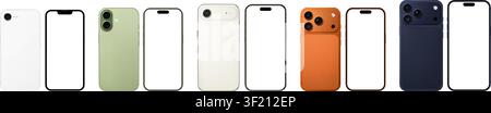 Detailliertes weißes, grünes, goldenes, oranges, blaues Mobiltelefon-Mockup-Paket. Vorder- und Rückansicht isoliert auf transparentem Hintergrund. Vektor-PNG Stock Vektor