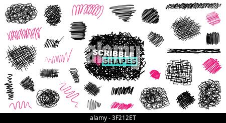 Satz von schwarzen Grunge-Doodle-handgezeichneten Kritzelelementen, Texturen und Kurven, isoliert auf Weiß. Skizzenstil-Tinten-Symbolsammlung. Vektorillustration Stock Vektor
