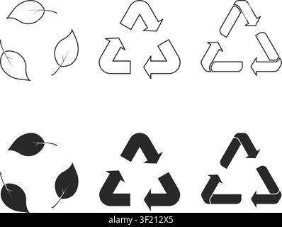 Ein sauberes Set von Schwarz-Weiß-Symbolen, das die drei Säulen der Nachhaltigkeit und des umweltfreundlichen Lebens illustriert. Stock Vektor