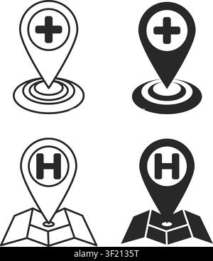 Schwarz-weiße Kartenmarkierungen mit medizinischem Kreuz und Hospitalschriftsymbolen für die Gesundheitsdienstanavigation und Standortverfolgung. Stock Vektor