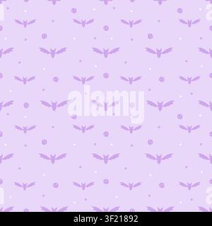 Niedliches nahtloses Muster auf pastellviolettem Hintergrund mit dunkelvioletten Fledermäusen und winzigen Totenköpfen. Minimalistischer gruselig-niedlicher wiederholender Hintergrund im Kawaii-Stil Stock Vektor