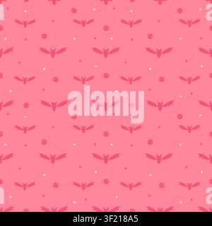Niedliches nahtloses Muster von pastellrotem Hintergrund mit dunkelroten Fledermäusen und winzigen Schädeln. Minimalistischer gruselig-süßer wiederholter Hintergrund im Kawaii-Stil für Tex Stock Vektor