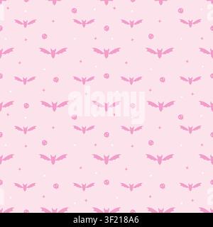 Niedliches nahtloses Muster auf pastellrosafarbenem Hintergrund mit dunklen Rosenfledermäusen und winzigen Totenköpfen. Minimalistischer gruselig-süßer wiederholender Hintergrund im Kawaii-Stil Stock Vektor