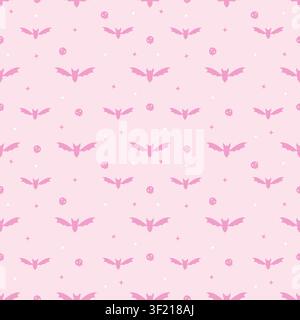 Niedliches nahtloses Muster auf pastellrosafarbenem Hintergrund mit dunklen Rosenfledermäusen und winzigen Totenköpfen. Minimalistischer gruselig-süßer wiederholender Hintergrund im Kawaii-Stil Stock Vektor