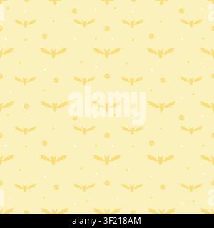 Niedliches nahtloses Muster auf pastellgelbem Hintergrund mit dunkelgelben Fledermäusen und winzigen Schädeln. Minimalistischer gruselig-niedlicher wiederholender Hintergrund im Kawaii-Stil f Stock Vektor