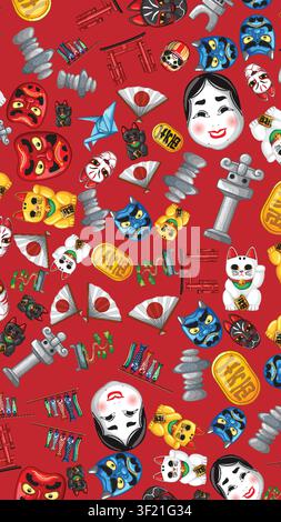 Flache Vektorillustration traditioneller Symbole einschließlich Glückskatzen, Masken und Laternen auf Rot. Stock Vektor