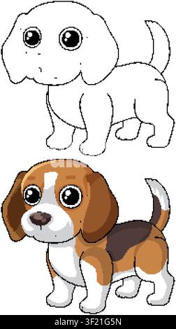 Ein Cartoon-Beagle-Welpe, dargestellt sowohl in voller Farbe als auch in schwarz-weißer Strichzeichnung Stock Vektor