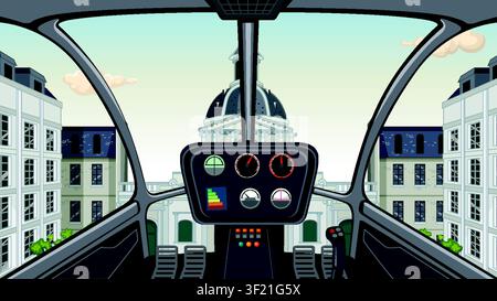 Vektorillustration eines Helikoptercockpits, der über historischer europäischer Architektur fliegt, mit detaillierten Armaturenbrettmessgeräten. Stock Vektor