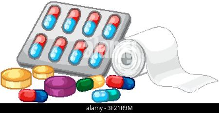 Vectorillustration im Cartoon-Stil verschiedener bunter Kapseln, Tabletten und einer weißen Toilettenpapierrolle Stock Vektor