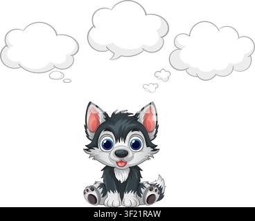 Niedlicher Cartoon-Husky-Welpe sitzt unter drei leeren Gedankenblasen auf weißem Hintergrund. Stock Vektor