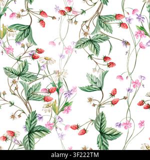 Reife Erdbeeren mit zarten Wildblumen in einem nahtlosen Aquarellmuster. Perfekt für Stoffdesign, Verpackungen, Karten, Heimdekor-Drucke und Stockfoto