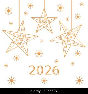 Weihnachtsillustration mit hängenden Sternen und Schneeflocken auf weißem Hintergrund, mit Textvektor 2026 Stock Vektor