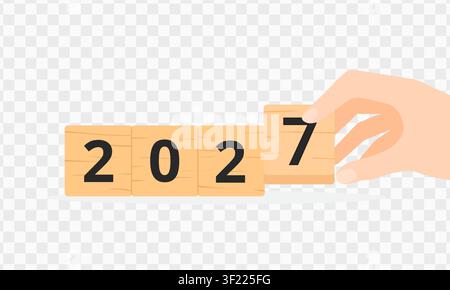 Hand hält einen Holzblock mit der Zahl 7, um das Konzeptdesign für das Jahr 2027 abzuschließen Stock Vektor