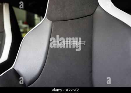 Arad, Rumänien, 23. Juni 2026. Eine Nahaufnahme im Querformat fängt den geprägten Markennamen Cupra auf einem schwarzen Alcantara- und Ledersportwagen-Sitz ein Stockfoto