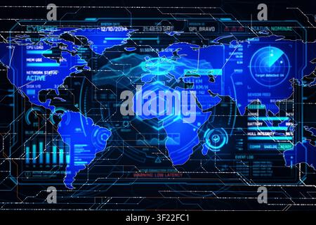 Futuristisches HUD-Interface mit einer digitalen blauen Weltkarte, Datencharts, Radar und Cybersecurity-Analysen. High-Tech-Science-Fiction-Dashboard, das globale Stockfoto
