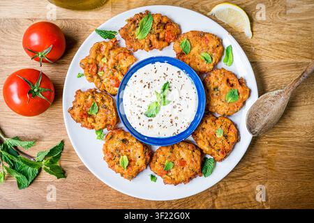 Tomatokeftedes Top-Down-traditionelle griechische Tomatenfritters auf weißem Teller serviert mit Joghurt auf Holztablett, hausgemachte mediterrane Küche Stockfoto