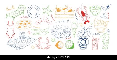 Handgezeichnete Buntstift-Küstenikonen und italienisches Essen. Kreide-Sommer-Meer-Doodle-Elemente, mediterranes Meeresfrüchte. Austern, Früchte, Eiscreme, Strandstuhl, Rettungsring, Seepferdchen-Aufkleber. Vektor-Set der Amalfiküste Stock Vektor