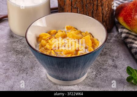 Köstliche Frühstücksschüssel gefüllt mit goldenen Cornflakes und frischer Milch auf einem rustikalen grauen Tisch. Begleitet von einem Glas Milch, einer ganzen Mango, einem Zweig von m Stockfoto