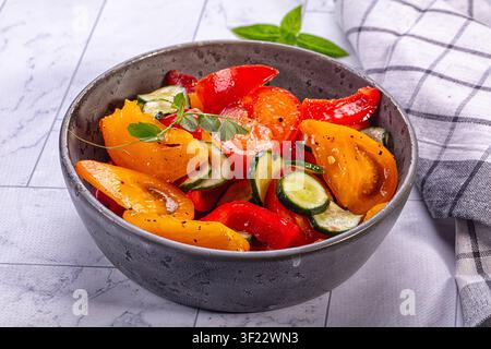Bunter Salat mit geschnittenen Tomaten, Gurken und Paprikaschoten in einer strukturierten grauen Schüssel. Helles natürliches Licht betont die lebhaften roten, orangefarbenen und grünen Töne Stockfoto