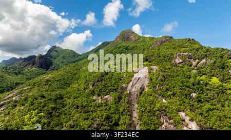 Bergiges Gelände, bedeckt mit dichter grüner Vegetation und Felsformationen. Seychellen, Mahe. Stockfoto