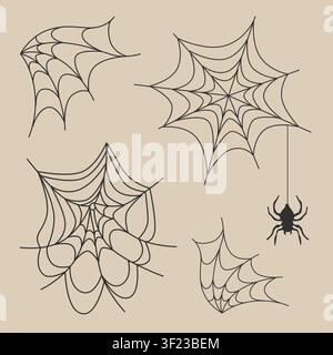 Handgezeichnetes Halloween-Spinnennetz und schwarze gruselige Spinnensilhouetten-Clipart-Set für saisonale Dekoration, Party, Verpackung, Web Stock Vektor