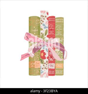 Bücherregal. Bunte Buchrücken, die mit einer verspielten Schleife zusammengebunden sind. Flachstil-Vektorillustration mit einem Buchthema. Mädchenhafter Clipart, der Wissen und Lesen feiert. Buchclub. Pastelltöne. Stock Vektor