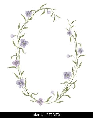 Handgezeichnete Aquarellillustration eines botanischen Kreisrahmenkranzes mit lila Leinenblumen, Stielen und Blättern. Zarte, ovalförmige Blumen Stockfoto