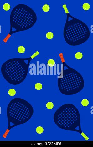 Padel-Schläger und Bälle bilden ein sich wiederholendes, farbenfrohes Muster auf blauem Hintergrund, perfekt für Sportkonzepte oder Hintergründe Stockfoto
