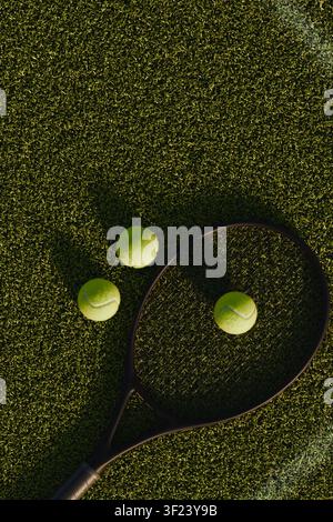 Top-Ansicht von einem luxuriösen Tennisschläger und lebendigen optisch-gelben Bällen auf einem professionellen Rasenplatz. 3d Blender Stockfoto