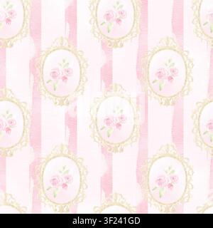 Aquarell nahtloses Muster mit vintage Goldrahmen und rosa Rosen auf einem weichen gestreiften Hintergrund. Elegantes romantisches Design für Luxus-Hochzeiten Stockfoto