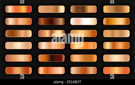 Realistisches bronzefarbenes goldenes Gradienttexturpaket 24 in 1. Füll- und Stricheffekte. Glänzender Gold-Kupfer-Metallfolien-Gradientensatz. Metallische glänzende Knöpfe mit Stock Vektor
