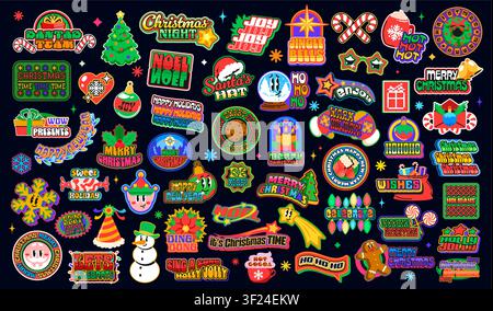 Weihnachts-y2k-groovy-Aufkleber, Neujahrs-funky-Patch-Etiketten, Vektor-Weihnachts-Winterurlaub. Cartoon-Retro-y2k-Weihnachtsbaum, Weihnachtsgeschenk- und Schneemann-Charaktere. Groovy-Weihnachtsstrumpf, Glocken- oder Sternenaufkleber Stock Vektor