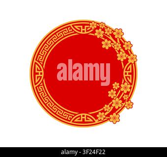 Runder orientalischer japanischer und chinesischer festlicher Rahmen mit asiatischem Ornament. Vektor roter Kreis mit goldener Musterumrandung. Asiatisches Ornament mit Kirschblütenzweig und traditionellem Motiv für das chinesische Neujahr Stock Vektor