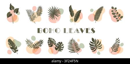 Boho-Monstera-Blatt, böhmische tropische Pflanzen, florales organisches Naturdesign. Palmwedel, Farn- und Eukalyptus-Silhouetten über weichen geometrischen Formen. Natürliches Laub und Dschungelvegetation botanisches Set Stock Vektor