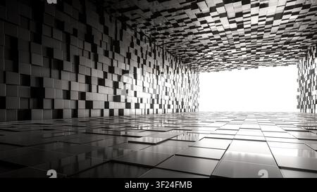 Futuristisches schwarzes Interieur mit Würfelfliesen, die die Wände, die Decke und den Boden bedecken, mit starker geometrischer Perspektive und hellem Licht, das durch die Wände scheint Stockfoto