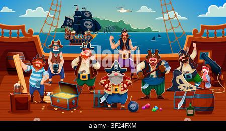 Piratenbesatzungsmitglieder auf dem Holzschiffsdeck. Cartoon-Kapitän, Bootsmann, Holzfäller und Zimmermann, Schneider und Schütze mit Matrose, der eine Enterhaken hält, bereit für ein Karibik-Meeresabenteuer auf dem Boot Stock Vektor