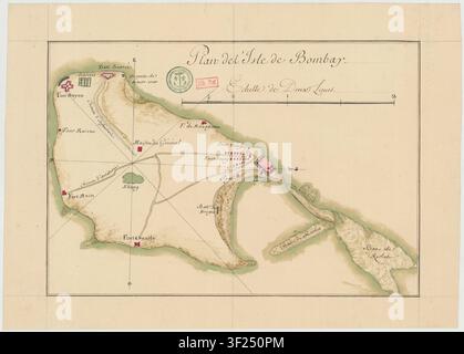 Eine Manuskriptkarte der Insel Bombay, mit einer Skala von zwei Lieuen, zeigt Städte, Festungen und die Malabarküste, erstellt von einem unbekannten Kartografen. Stockfoto