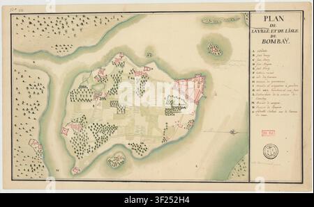 Eine Manuskriptkarte der Stadt und Insel Bombay, die ihren Grundriss und ihre Merkmale zeigt, erstellt von einem unbekannten Kartografen, ohne angegebene Maßstab. Stockfoto