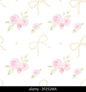 Aquarell nahtloses Muster mit Illustration zarter rosa Rosen und eleganter Perlenschleifen auf weißem Hintergrund. Romantisches und feminines Design Stockfoto
