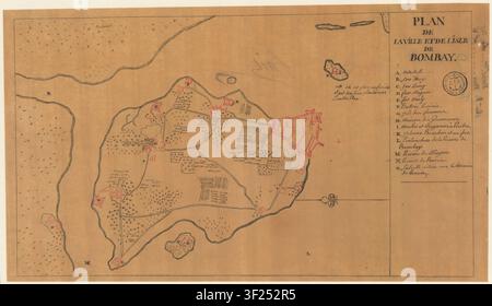 Eine Manuskriptkarte der Stadt und Insel Bombay, die ihre Anordnung und Merkmale, einschließlich Festungen, in der Region Maharashtra in Indien zeigt. Stockfoto