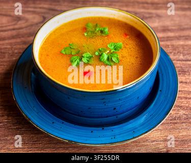 Traditionelle aserbaidschanische Hühnchen- und Gemüsesuppe mit Reis, Karotten und frischer Petersiliengarnitur, serviert in Baku, Aserbaidschan. Stockfoto