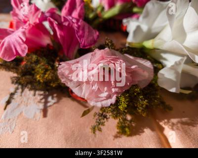 Nahaufnahme eines zarten rosa Lisianthus-Blütenkopfs in einem Blumenarrangement, schöne Eustoma-Blüte auf einem Tischgedeck. Stockfoto