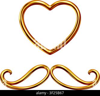 Goldenherz- und Schnurrbart-Ornament-Set. Realistische isolierte Symbole für Vatertagsgrüßent Designs Stock Vektor