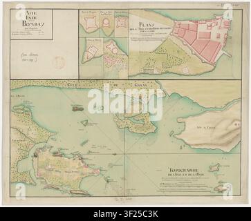 Eine Manuskriptkarte von Bombay aus dem Jahr 1760, die die Stadt und abgetrennte Festungen entlang der Küste detailliert abbildet, basierend auf früheren Plänen, die in Indien erworben wurden, mit Topografie der Insel und Bucht, die von französischen und englischen kartographischen Quellen informiert ist. Stockfoto
