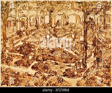 Vincent van Gogh – Garten des Hospitals (Der Innenhof des Hospitals in Arles) / Garten des Hospitals in Arles, 1889 Postimpressionismus Landschaft Zeichnung Bleistift, Schilfstift und Tinte auf Papier Stockfoto