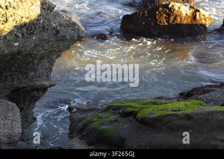 Wellen brechen über moosbedeckte Felsen entlang der Küste am 1000 Steps Beach in Laguna Beach, Orange County, Kalifornien. Stockfoto