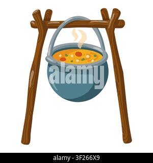 Dampfender Suppentopf, der an einem hölzernen Kochdreibein hängt. Cartoon-Vektorillustration auf weißem Hintergrund Stock Vektor