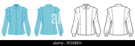 Anliegendes Hemd mit geschichteten Rüschenärmeln, langen Ärmeln, Knopfleiste vorne, strukturierten Nähten. Technische Modeillustration in Schwarz-Weiß und Farbe, Vorder- und Rückansicht, Bekleidungs-CAD-Vorlage. Vektor Stock Vektor